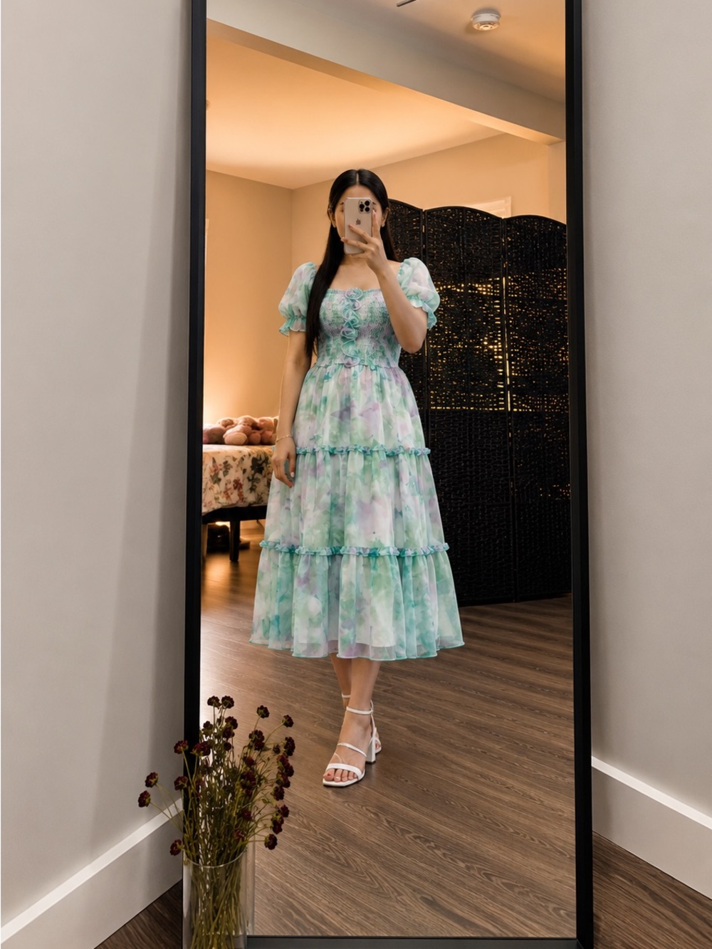 Mint Floral Puff-Sleeve Tiered Midi Dress